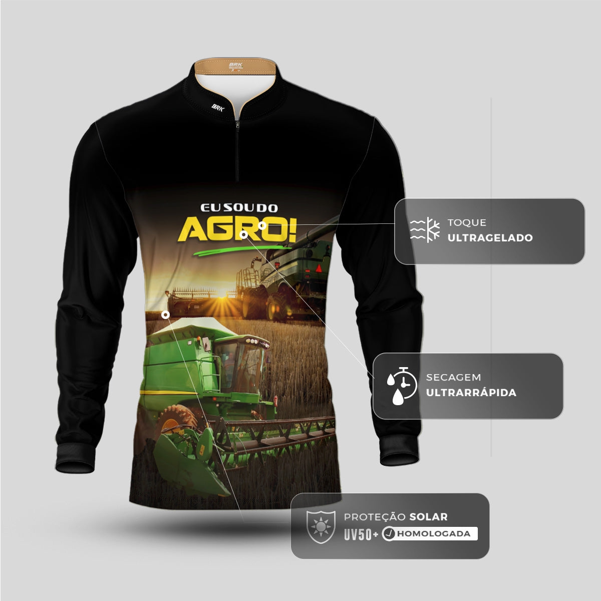 Camisa Agro Brk Eu Sou do Agro Colheitadeira com Proteção UV50 - Brk Agro