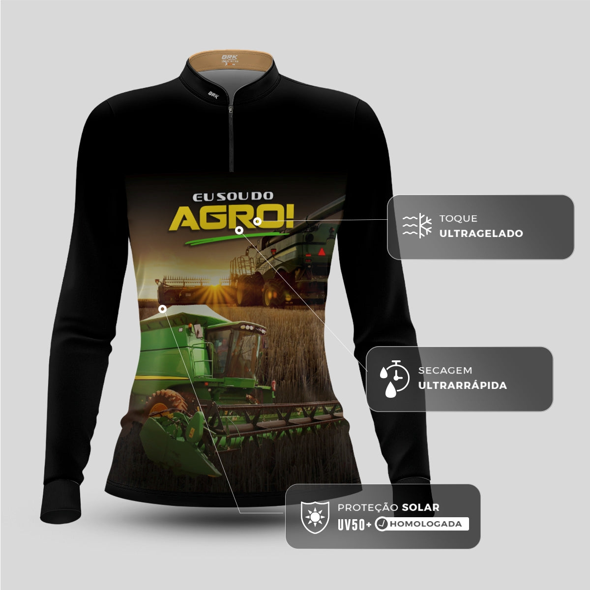 Camisa Agro Feminina Brk Eu Sou do Agro Colheitadeira com Proteção UV50 - Brk Agro