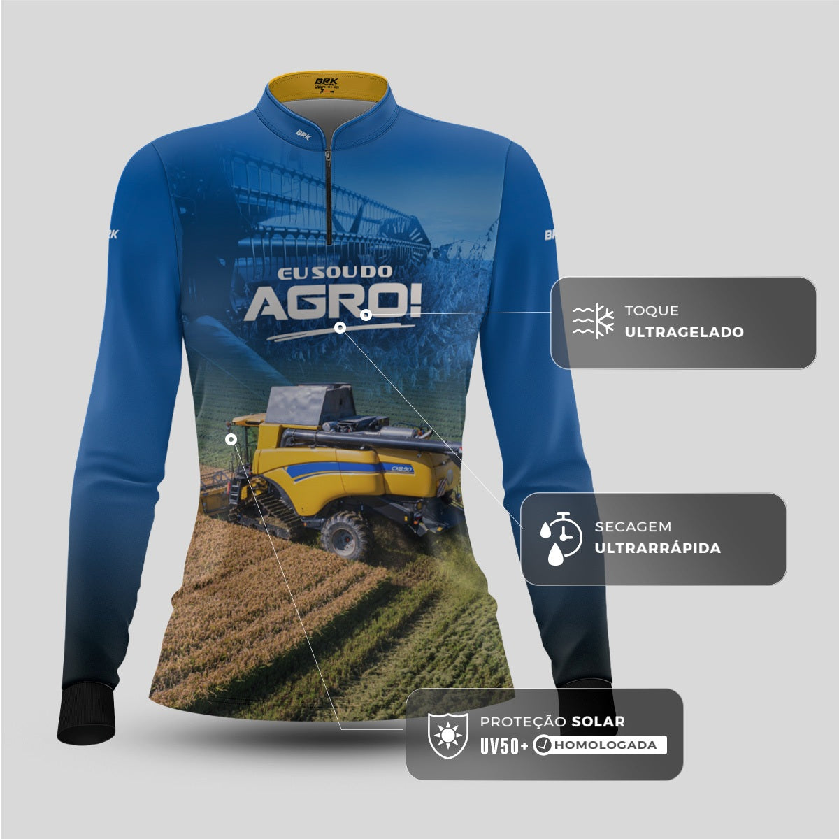 Camisa Agro Feminina Brk Eu Sou do Agro Colheitadeira Duplo Rotor com Proteção UV50 - Brk Agro