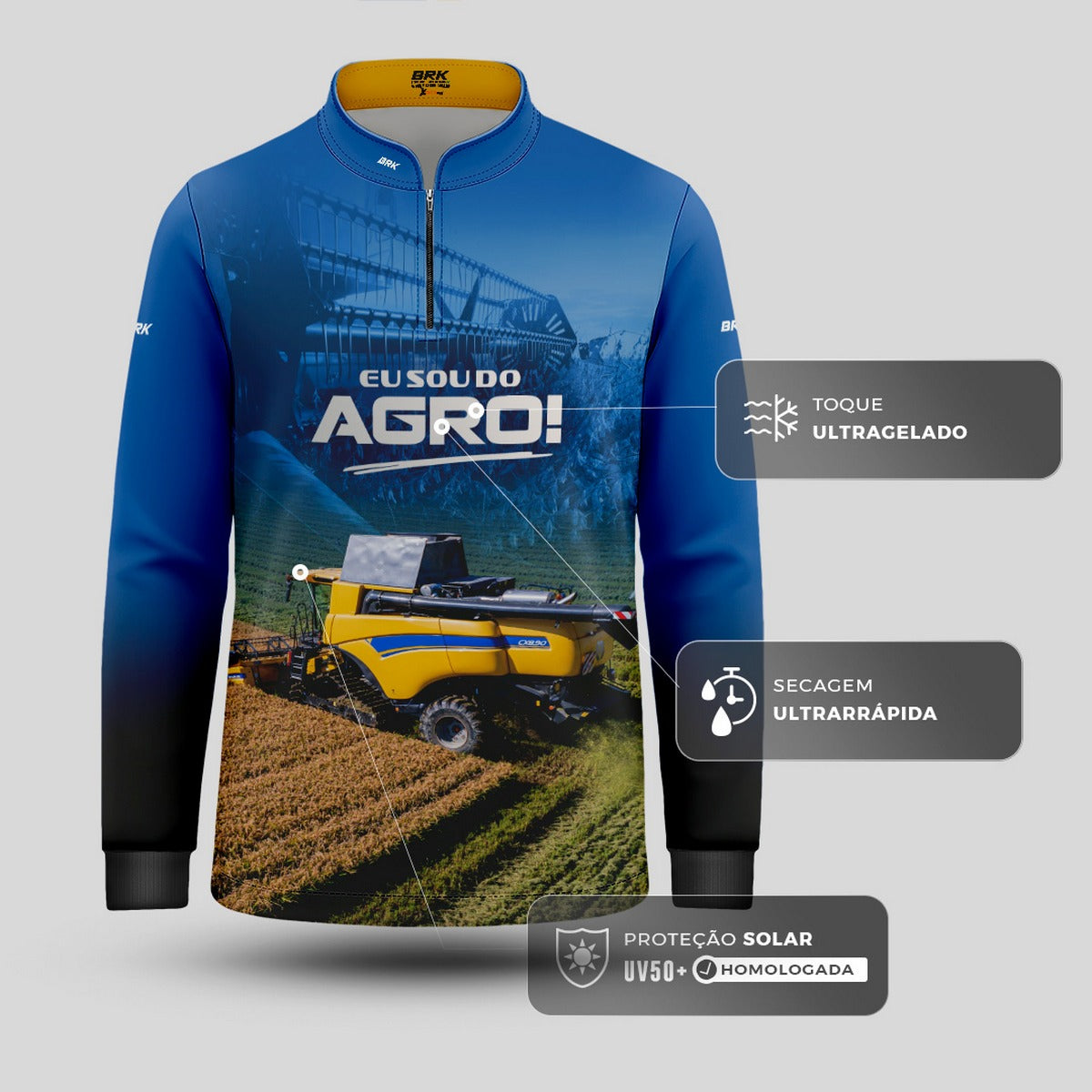 Camisa Agro Infantil Brk Eu Sou do Agro Colheitadeira Duplo Rotor com Proteção UV50 - Brk Agro