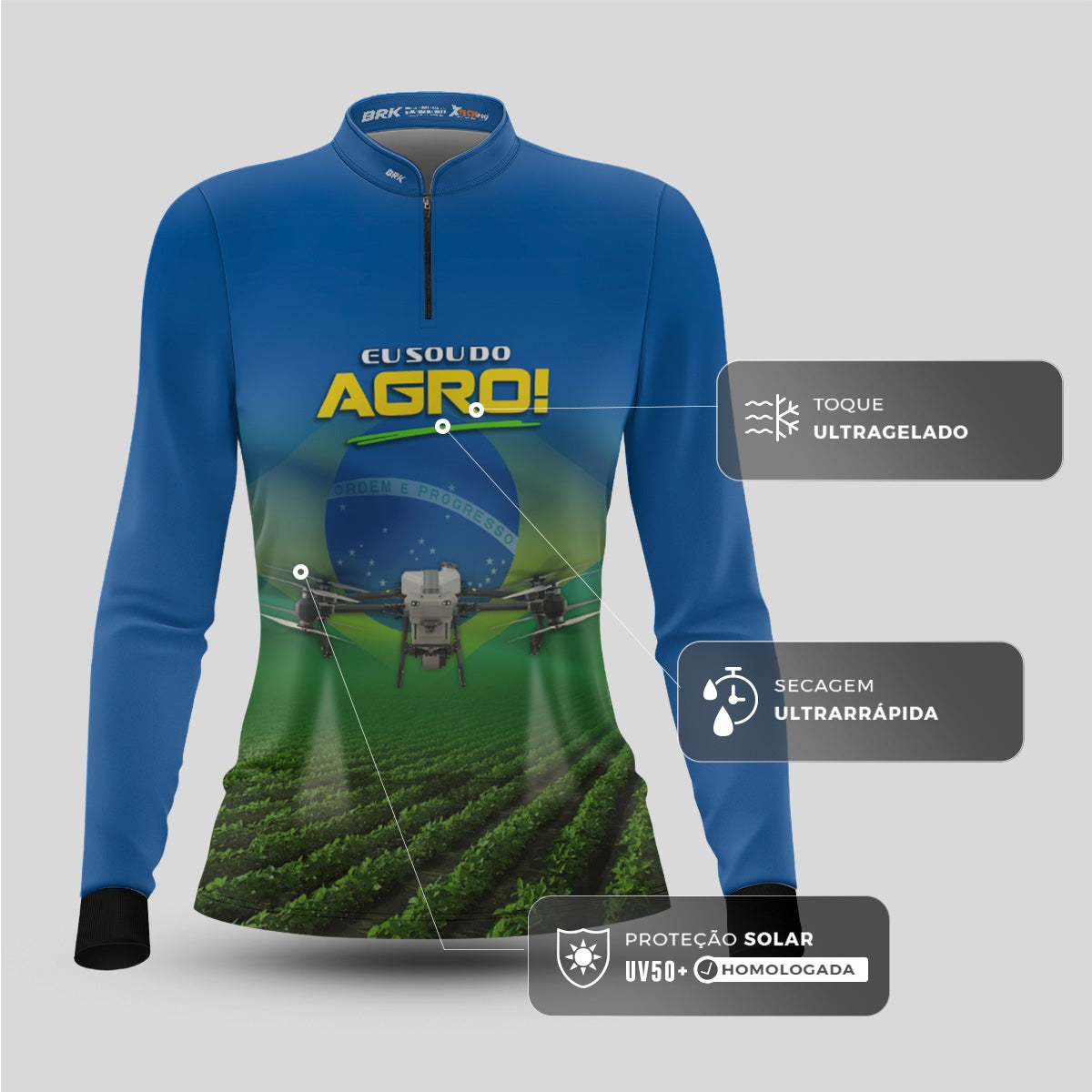 Camisa Agro Feminina Brk Eu Sou do Agro Drone Agrícola Brasil com Proteção UV50 - Brk Agro