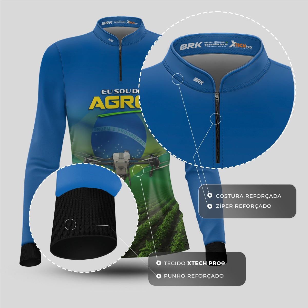 Camisa Agro Feminina Brk Eu Sou do Agro Drone Agrícola Brasil com Proteção UV50 - Brk Agro