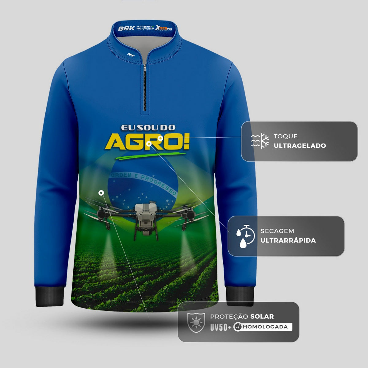 Camisa Agro Infantil Brk Eu Sou do Agro Drone Agrícola Brasil com Proteção UV50 - Brk Agro