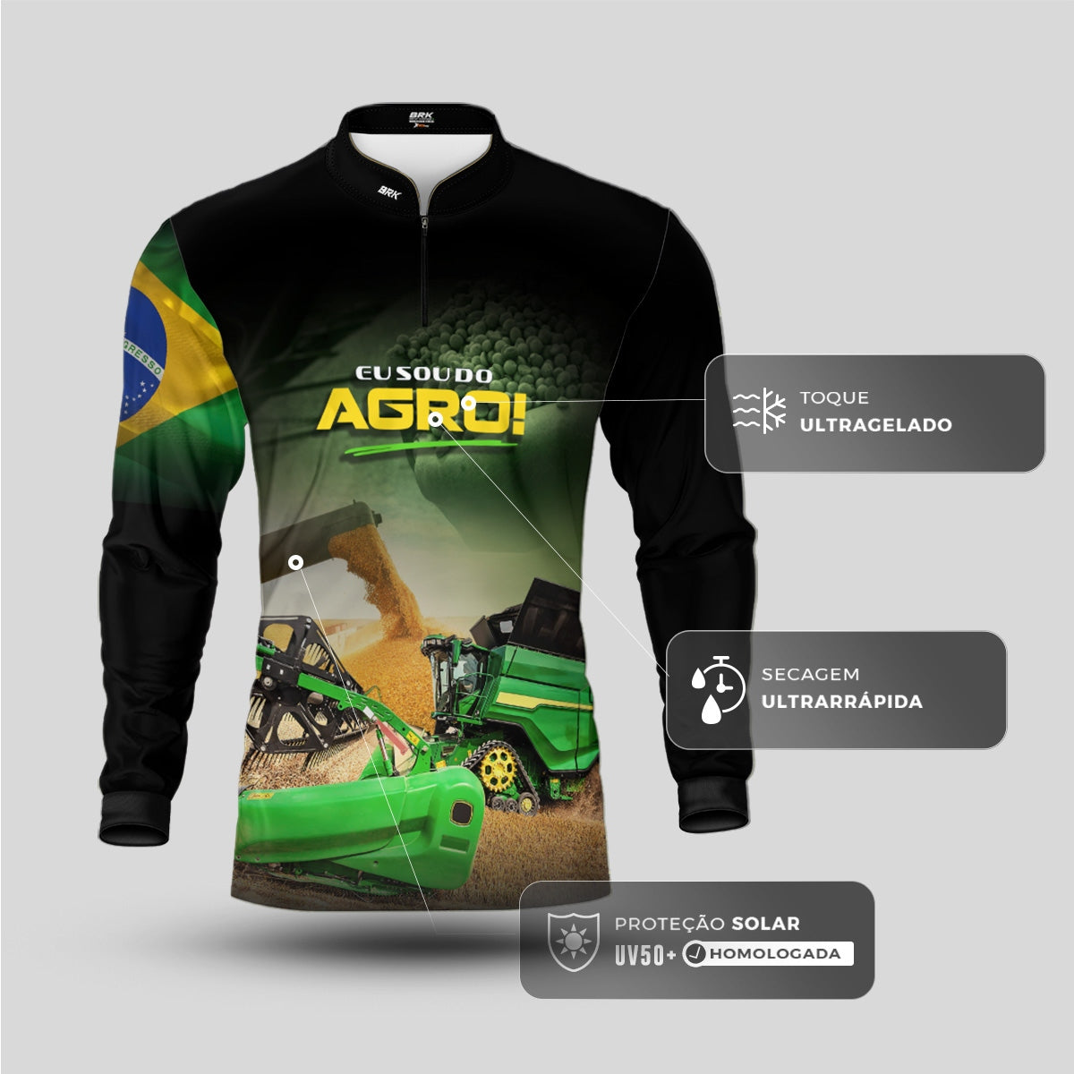 Camisa Agro Brk Eu Sou do Agro Colheitadeira Verde com Proteção UV50 - Brk Agro