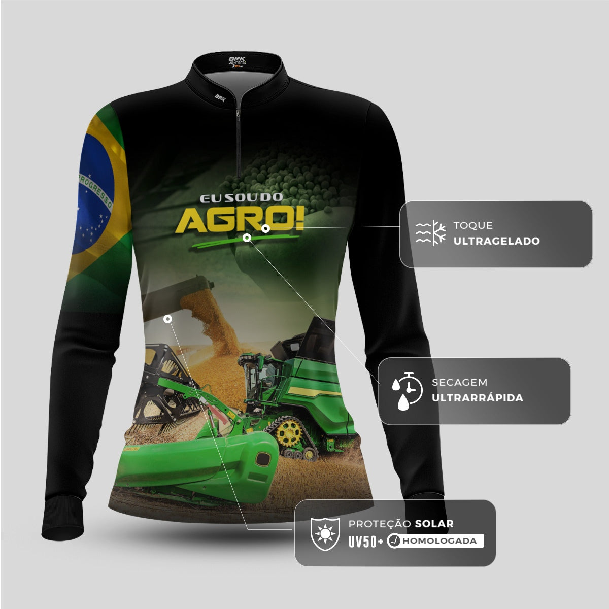 Camisa Agro Feminina Brk Eu Sou do Agro Colheitadeira Verde com Proteção UV50 - Brk Agro