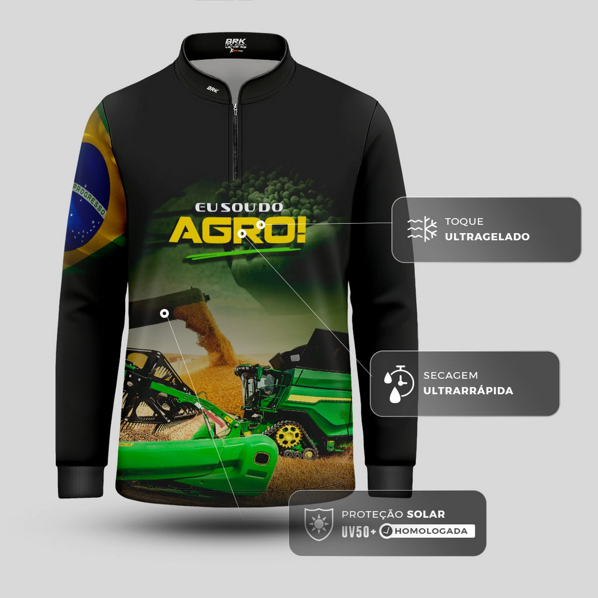 Camisa Agro Infantil Brk Eu Sou do Agro Colheitadeira Verde com Proteção UV50 - Brk Agro