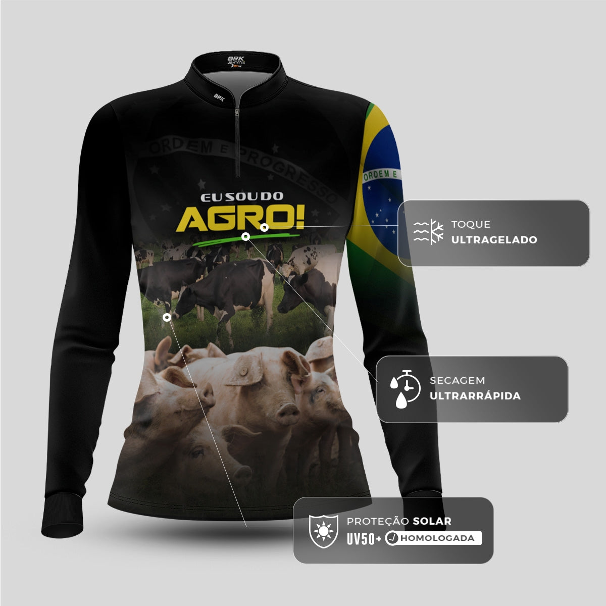 Camisa Agro Feminina Brk Eu Sou do Agro Preta Pecuária com Proteção UV50 - Brk Agro