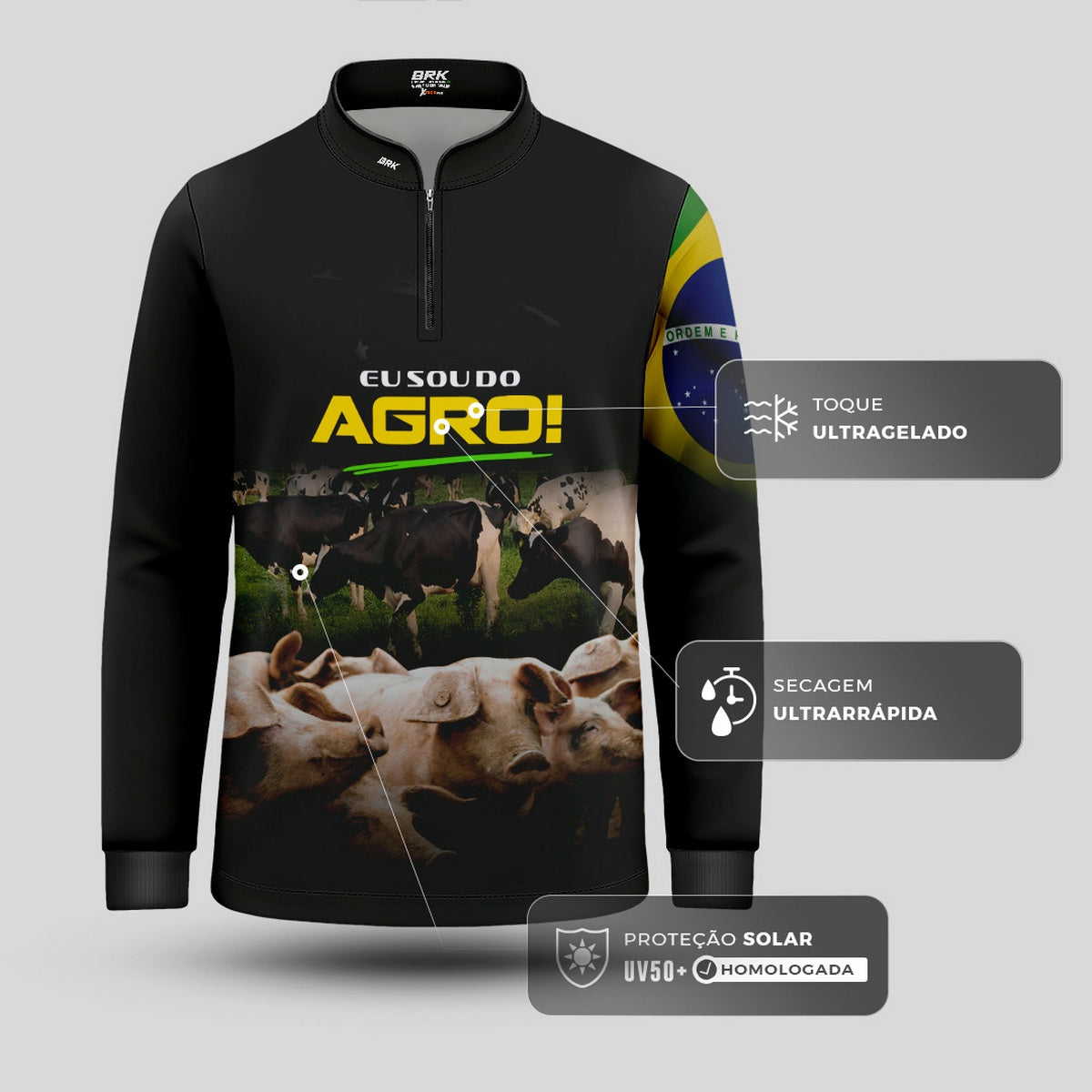 Camisa Agro Infantil Brk Eu Sou do Agro Preta Pecuária com Proteção UV50 - Brk Agro