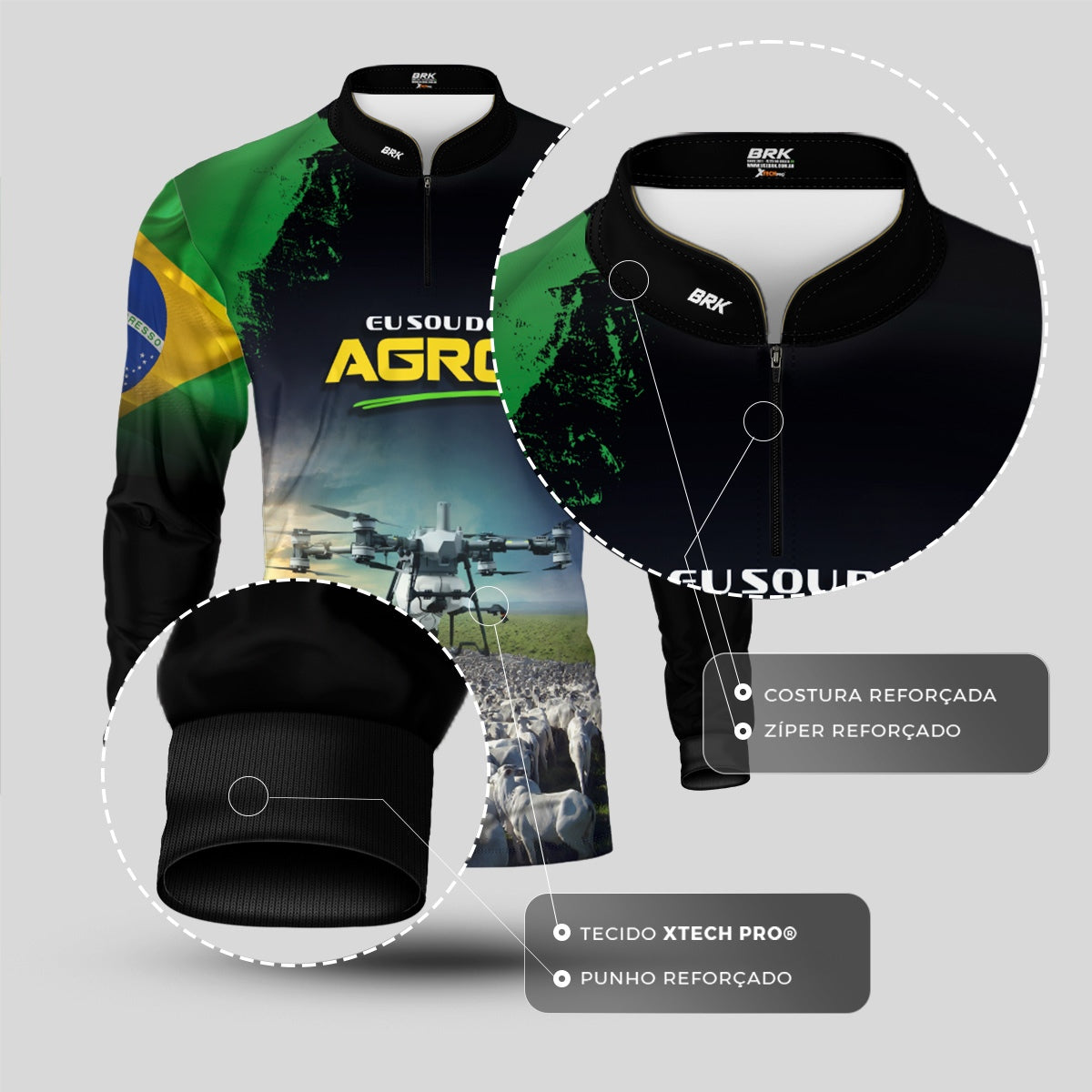 Camisa Agro Brk Eu Sou do Agro Preta Drone e Gado com Proteção UV50 - Brk Agro