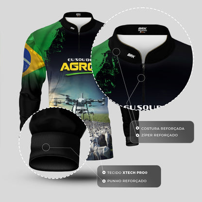 Camisa Agro Brk Eu Sou do Agro Preta Drone e Gado com Proteção UV50 - Brk Agro