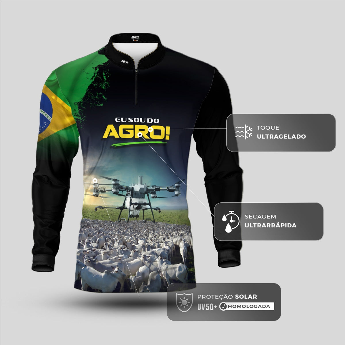 Camisa Agro Brk Eu Sou do Agro Preta Drone e Gado com Proteção UV50 - Brk Agro