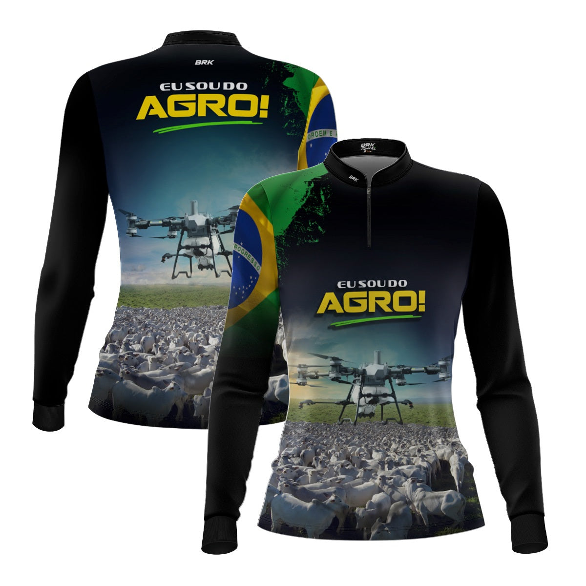 Camisa Agro Feminina Brk Eu Sou do Agro Preta Drone e Gado com Proteção UV50 - Brk Agro