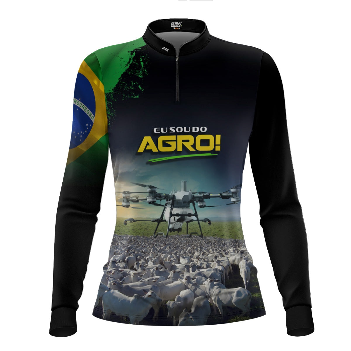 Camisa Agro Feminina Brk Eu Sou do Agro Preta Drone e Gado com Proteção UV50 - Brk Agro