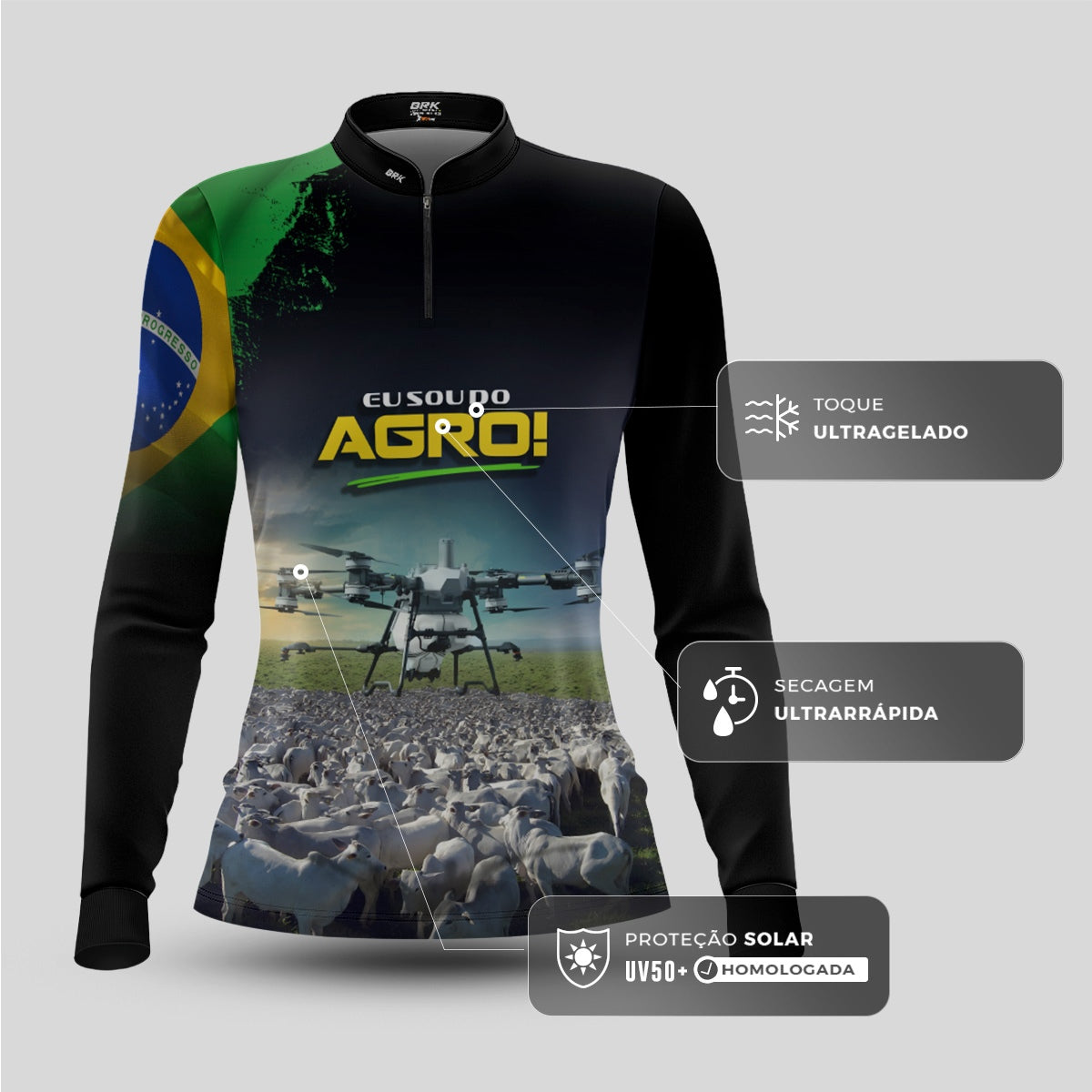 Camisa Agro Feminina Brk Eu Sou do Agro Preta Drone e Gado com Proteção UV50 - Brk Agro