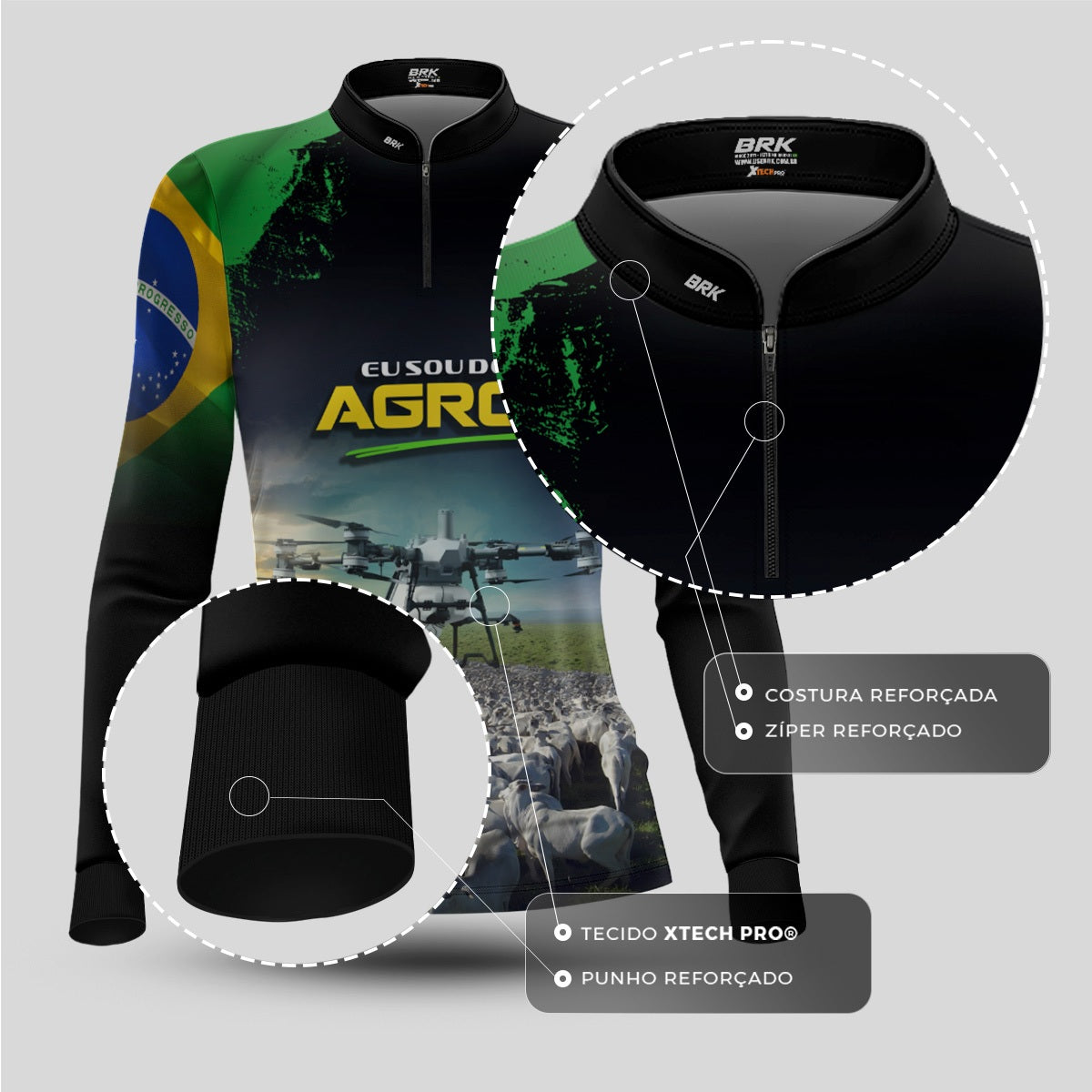 Camisa Agro Feminina Brk Eu Sou do Agro Preta Drone e Gado com Proteção UV50 - Brk Agro