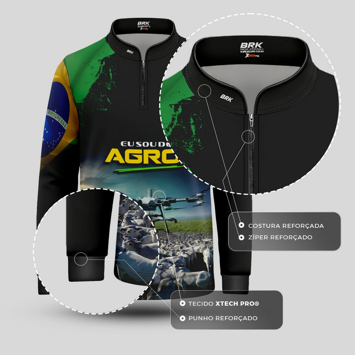 Camisa Agro Infantil Brk Eu Sou do Agro Preta Drone e Gado com Proteção UV50 - Brk Agro