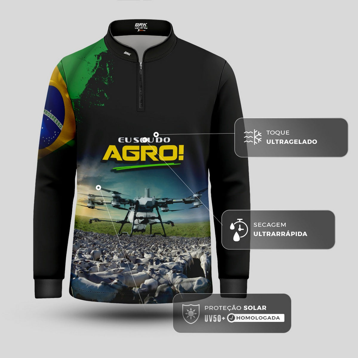 Camisa Agro Infantil Brk Eu Sou do Agro Preta Drone e Gado com Proteção UV50 - Brk Agro