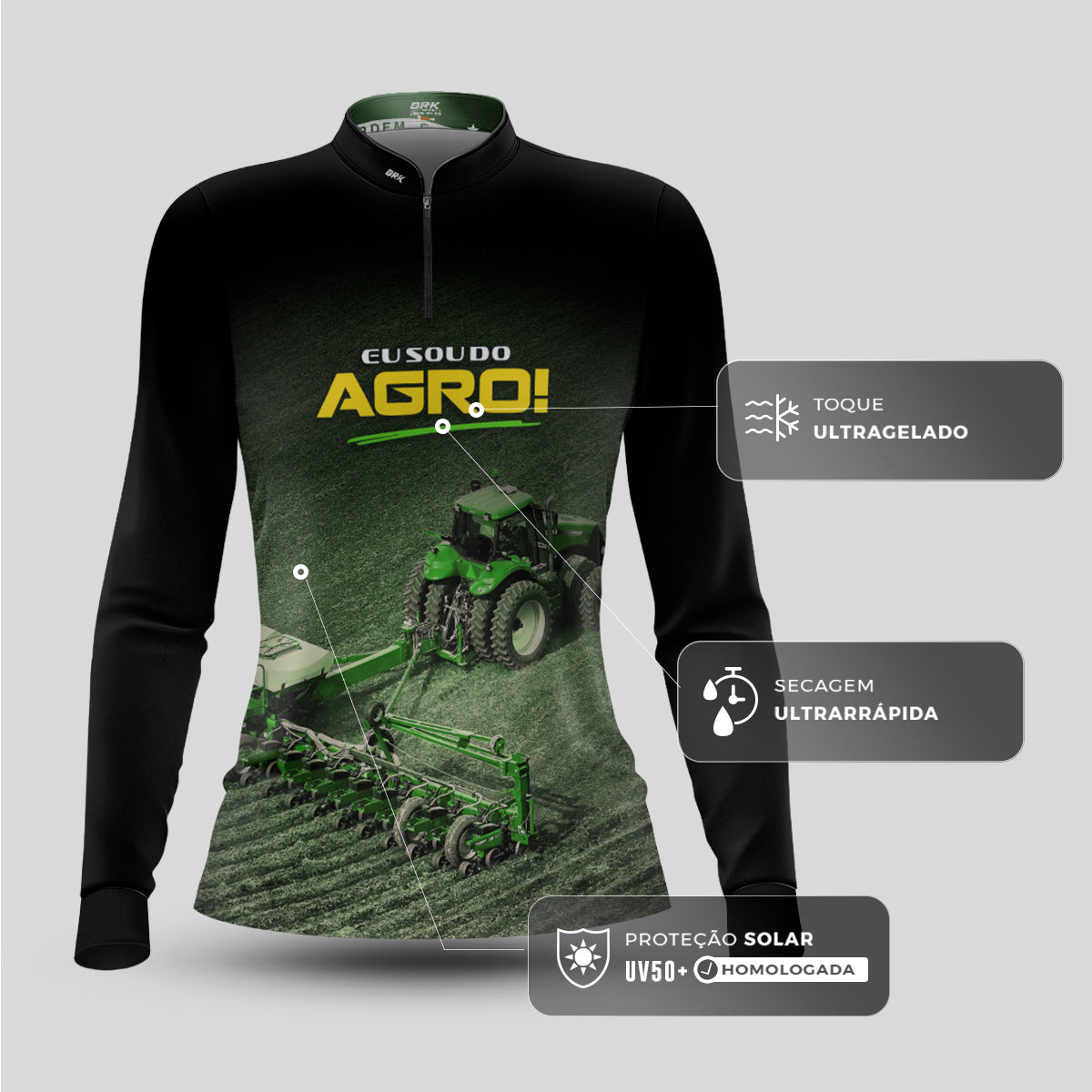 Camisa Agro Feminina Brk Eu Sou do Agro Preta Roçadeira com Proteção UV50 - Brk Agro