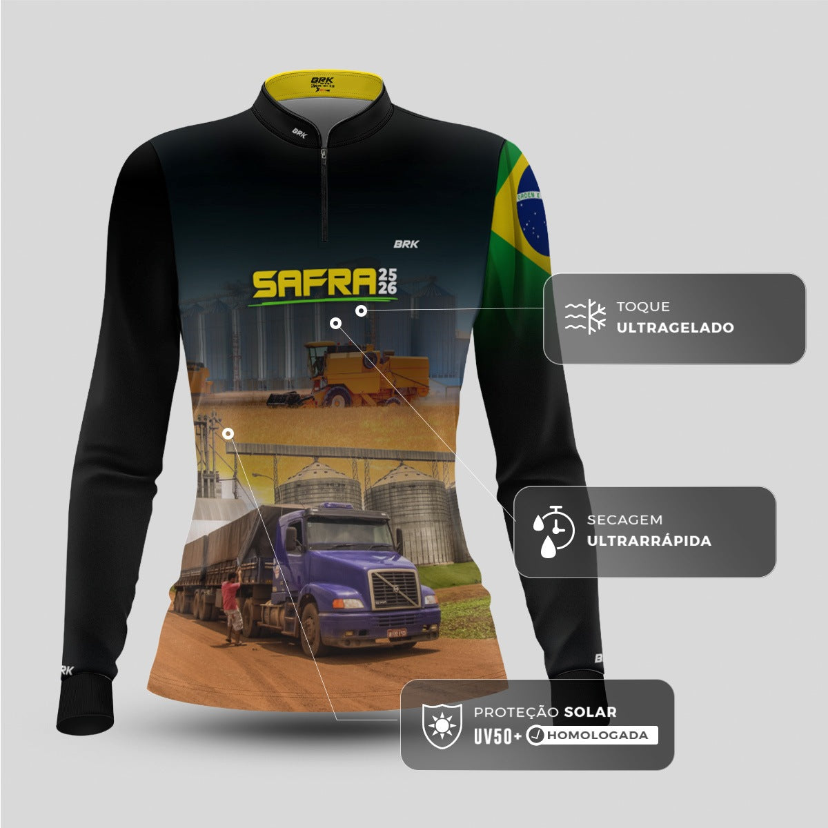 Camisa Agro Feminina Brk Safra Caminhão Preto com Proteção Solar UV50+ - Brk Agro