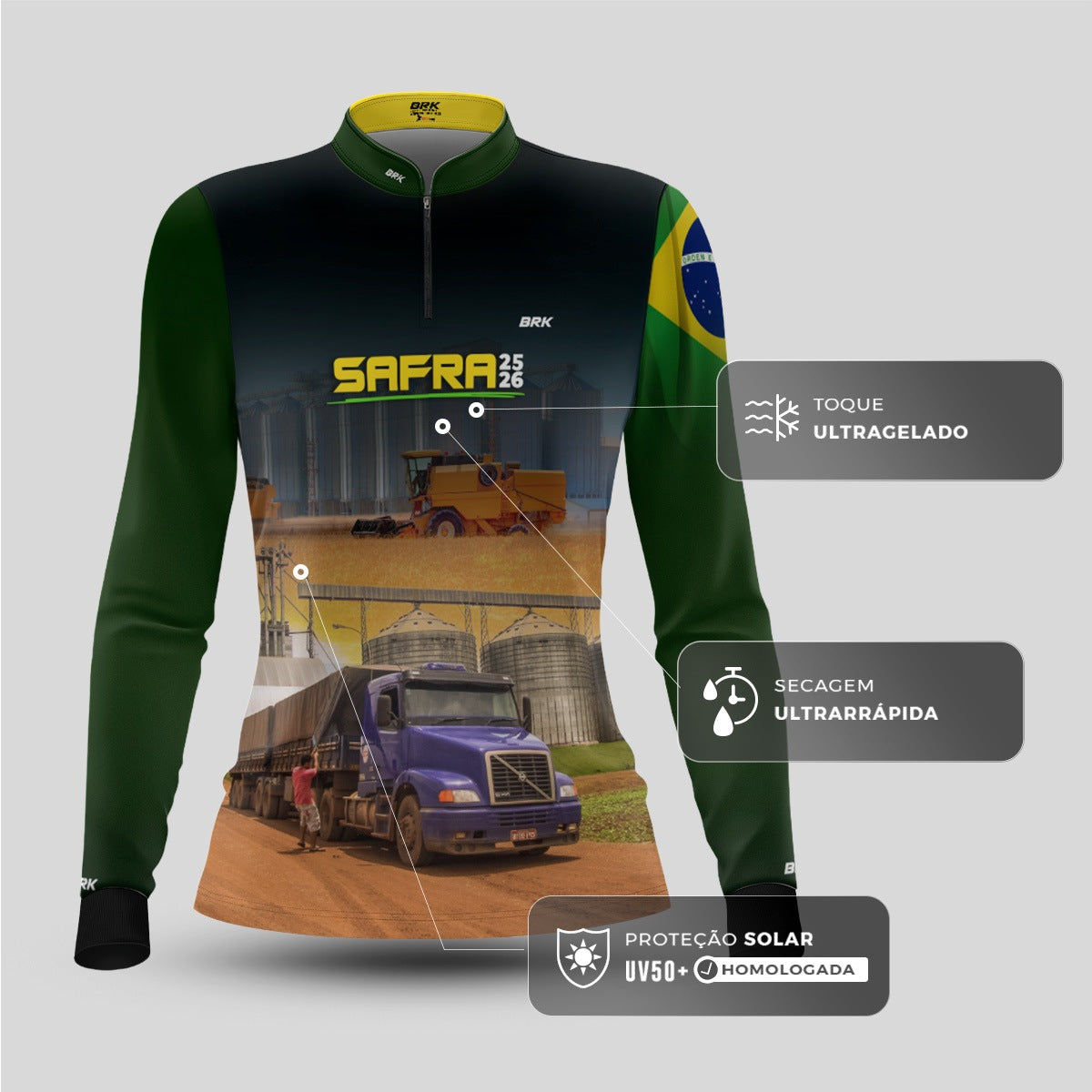 Camisa Agro Feminina Brk Safra Caminhão Verde com Proteção Solar UV50+ - Brk Agro