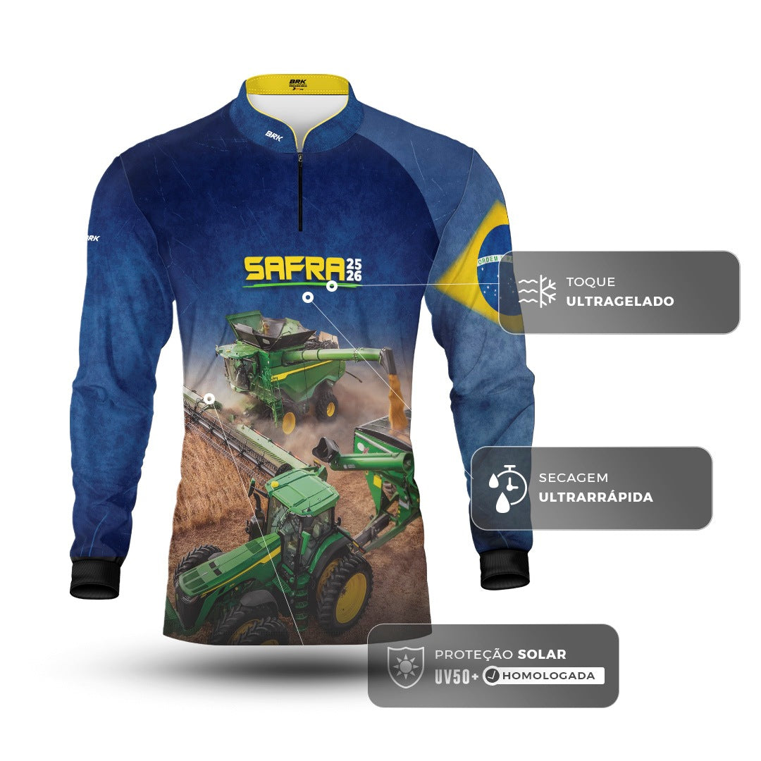 Camisa Agro Brk Safra Colheitadeira Azul com Proteção Solar UV50+ - Brk Agro