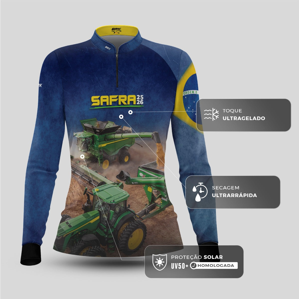 Camisa Agro Feminina Brk  Safra Colheitadeira Azul com Proteção Solar UV50+ - Brk Agro