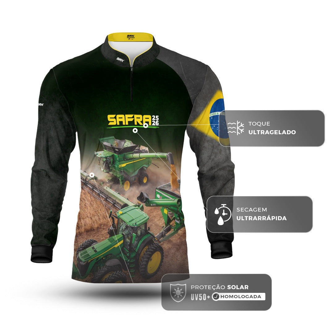 Camisa Agro Brk Safra Colheitadeira Preto com Proteção Solar UV50+ - Brk Agro