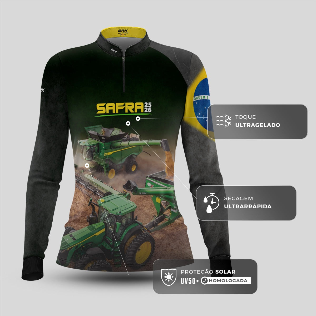 Camisa Agro Feminina Brk Safra Colheitadeira Preto com Proteção Solar UV50+ - Brk Agro