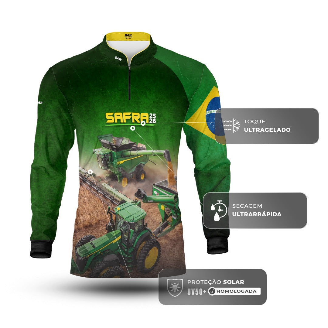Camisa Agro Brk Safra Colheitadeira Verde com Proteção Solar UV50+ - Brk Agro