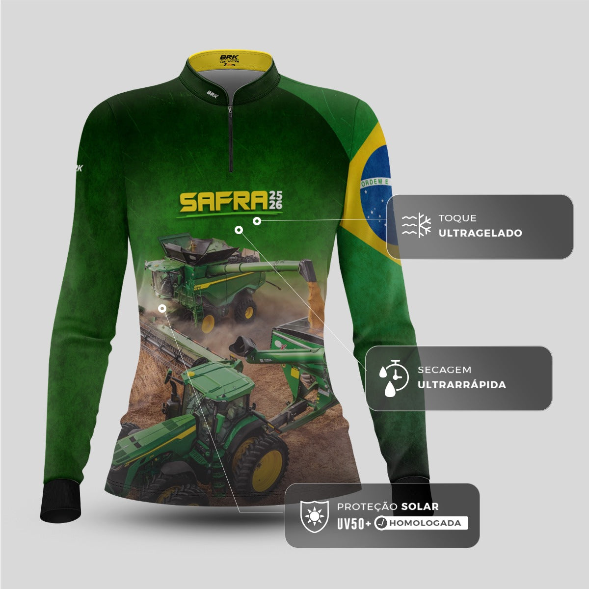 Camisa Agro Feminina Brk Safra Colheitadeira Verde com Proteção Solar UV50+ - Brk Agro