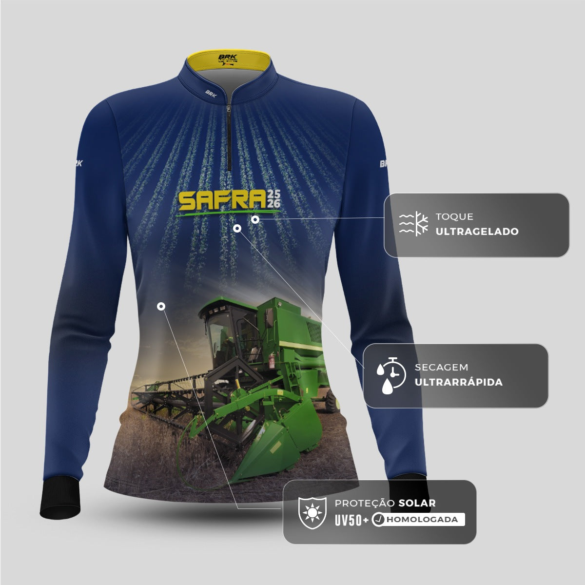 Camisa Agro Feminina Brk Safra Colhe Soja Azul com Proteção Solar UV50+ - Brk Agro