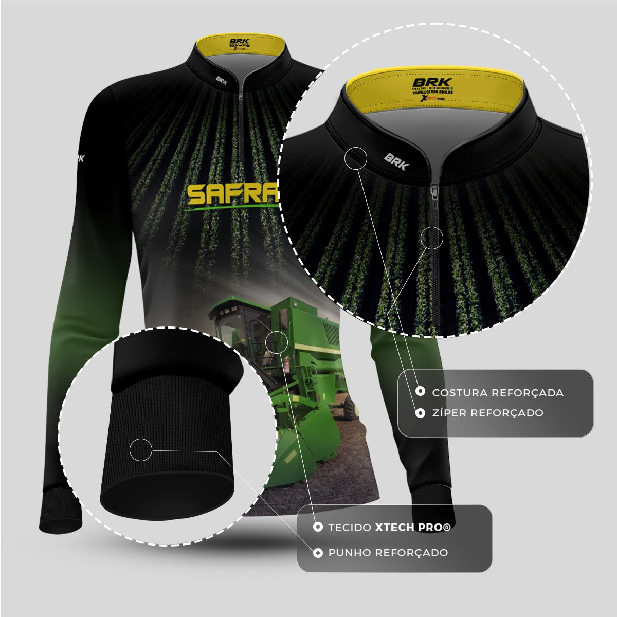 Camisa Agro Feminina Brk Safra Colhe Soja Preta com Proteção Solar UV50+ - Brk Agro