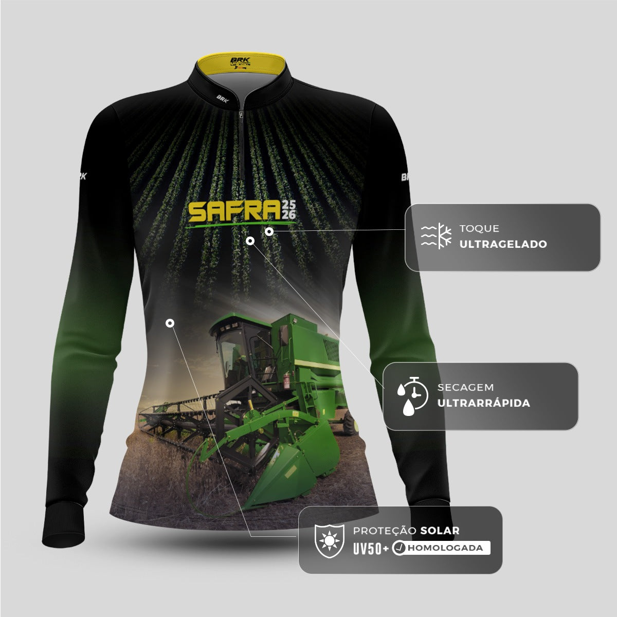 Camisa Agro Feminina Brk Safra Colhe Soja Preta com Proteção Solar UV50+ - Brk Agro