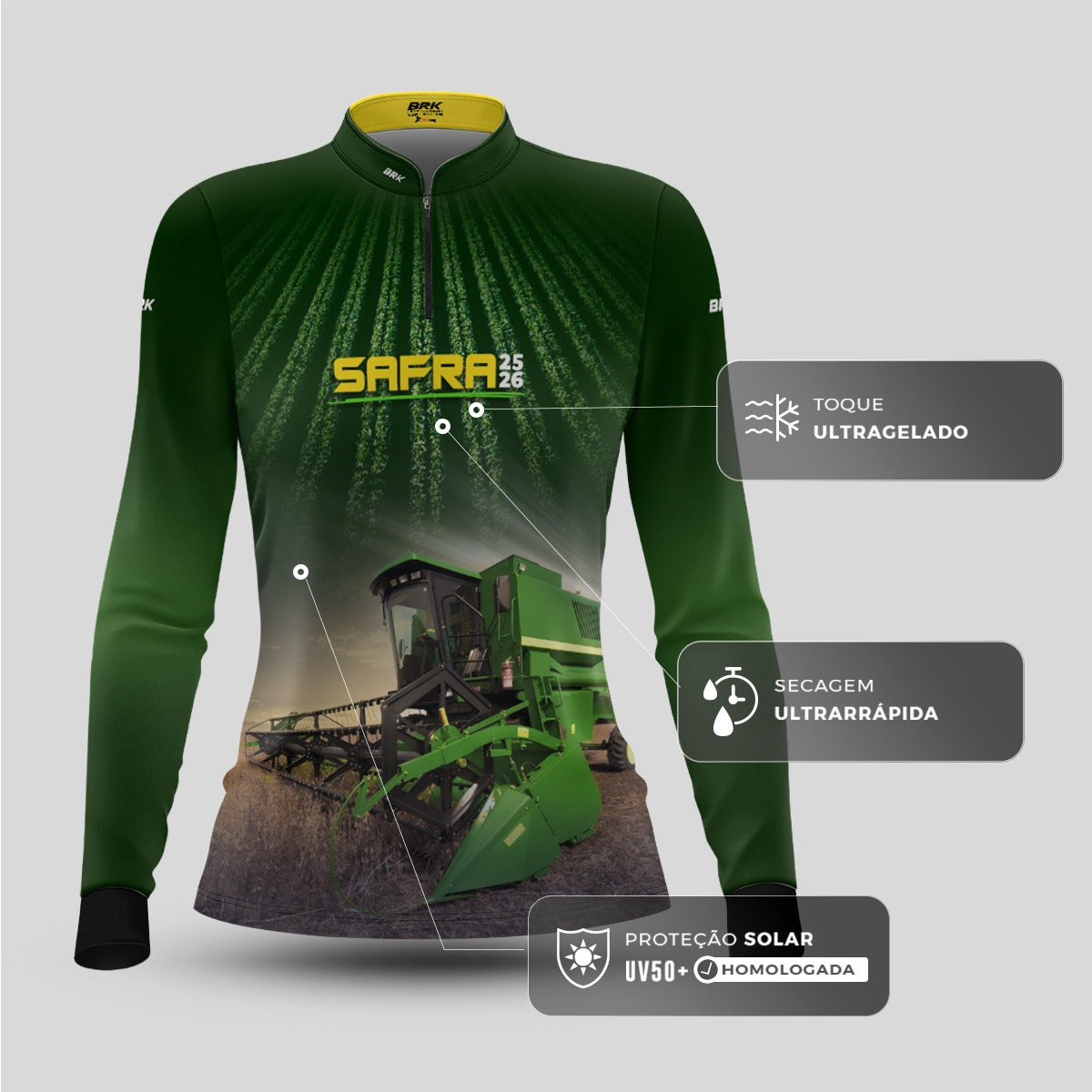 Camisa Agro Feminina Brk Safra Colhe Soja Verde com Proteção Solar UV50+ - Brk Agro