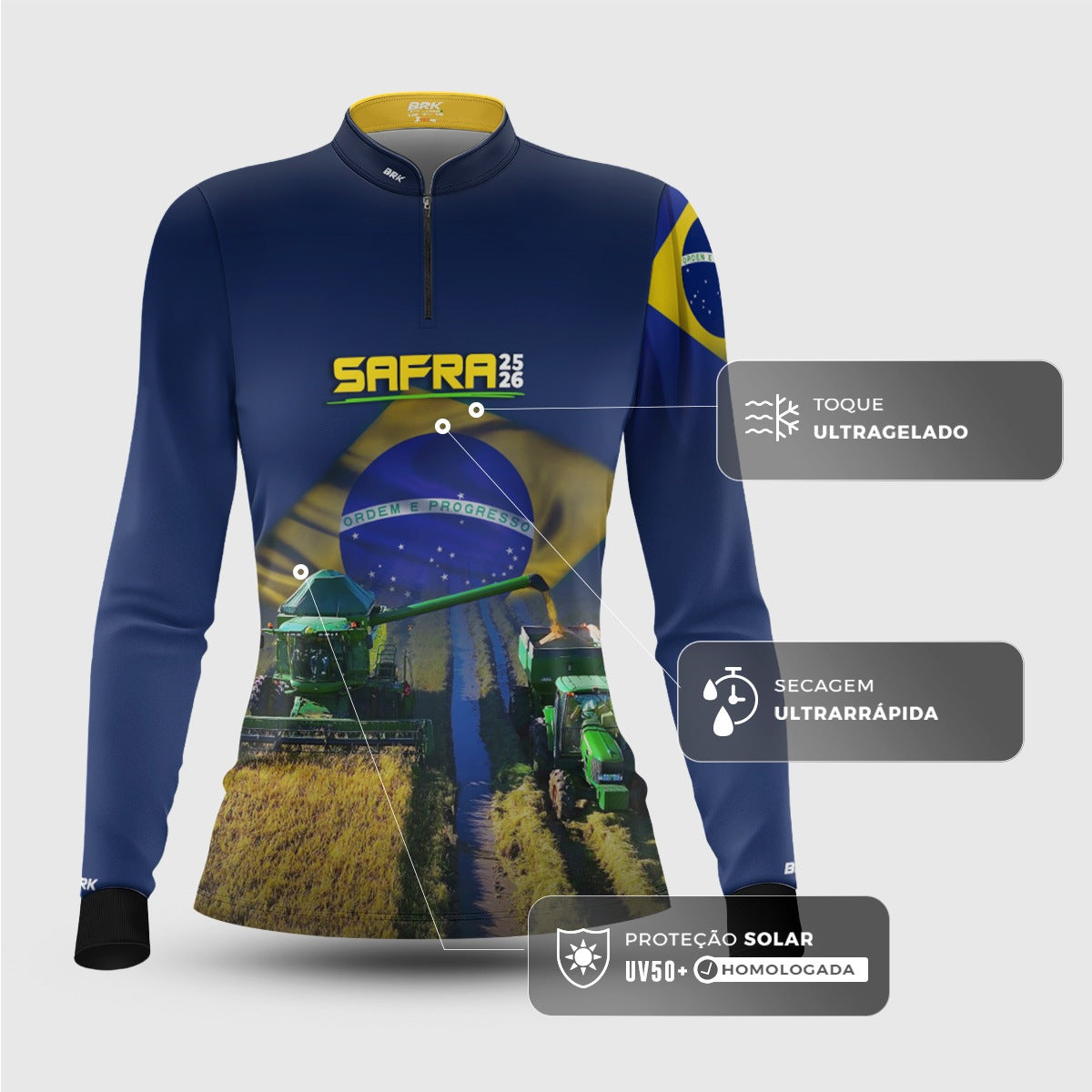 Camisa Agro Feminina Brk Safra Colheitadeira Azul com Proteção Solar UV50+ - Brk Agro