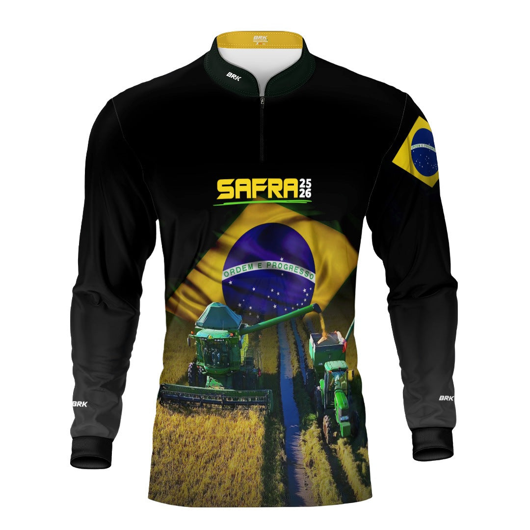 Camisa Agro Brk Safra Colheitadeira Brasil Preta com Proteção Solar UV50+ - Brk Agro