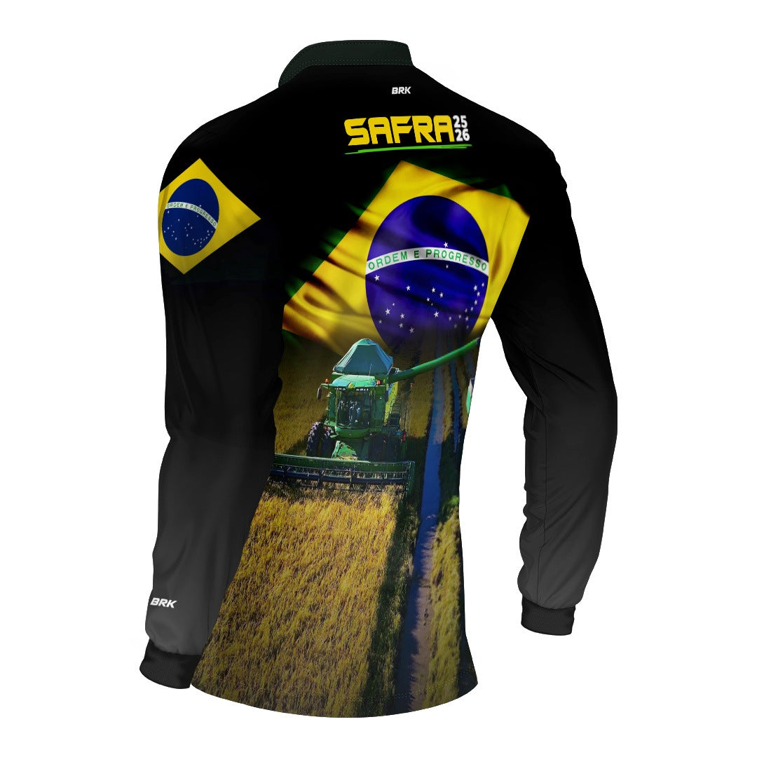 Camisa Agro Brk Safra Colheitadeira Brasil Preta com Proteção Solar UV50+ - Brk Agro