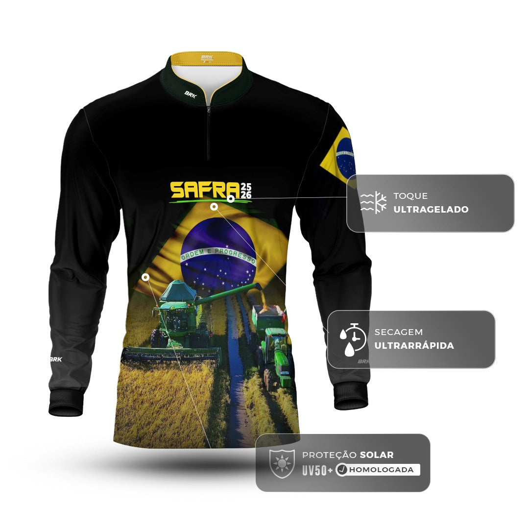Camisa Agro Brk Safra Colheitadeira Brasil Preta com Proteção Solar UV50+ - Brk Agro
