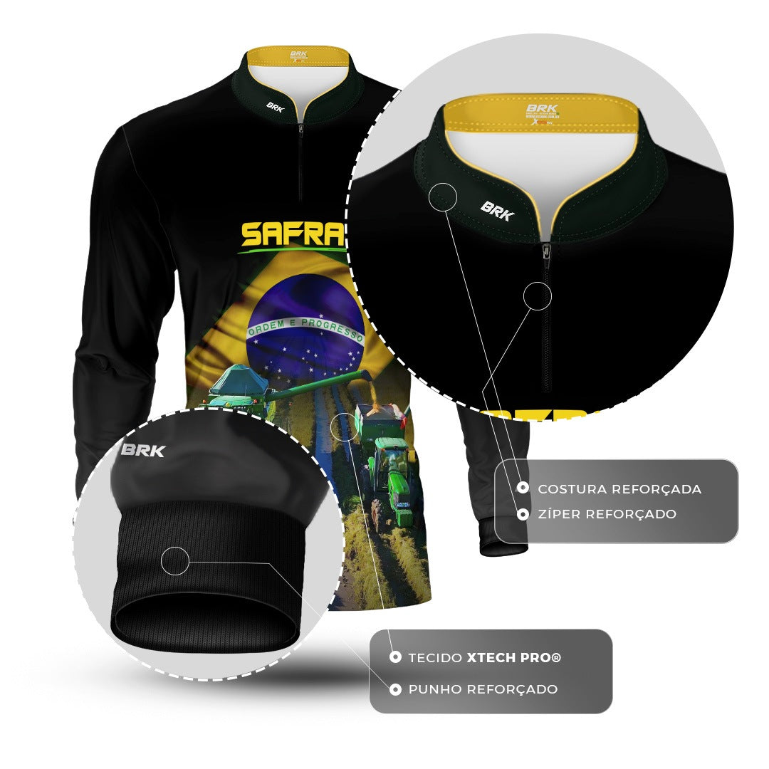 Camisa Agro Brk Safra Colheitadeira Brasil Preta com Proteção Solar UV50+ - Brk Agro