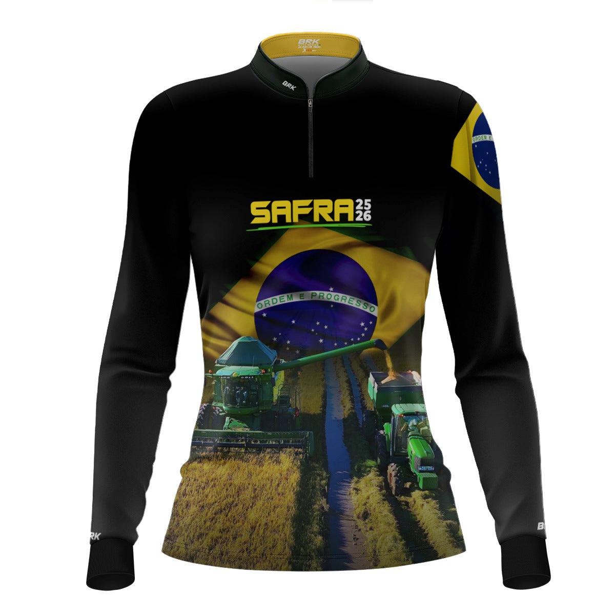 Camisa Agro Feminina Brk Safra Colheitadeira Brasil Preta com Proteção Solar UV50+ - Brk Agro
