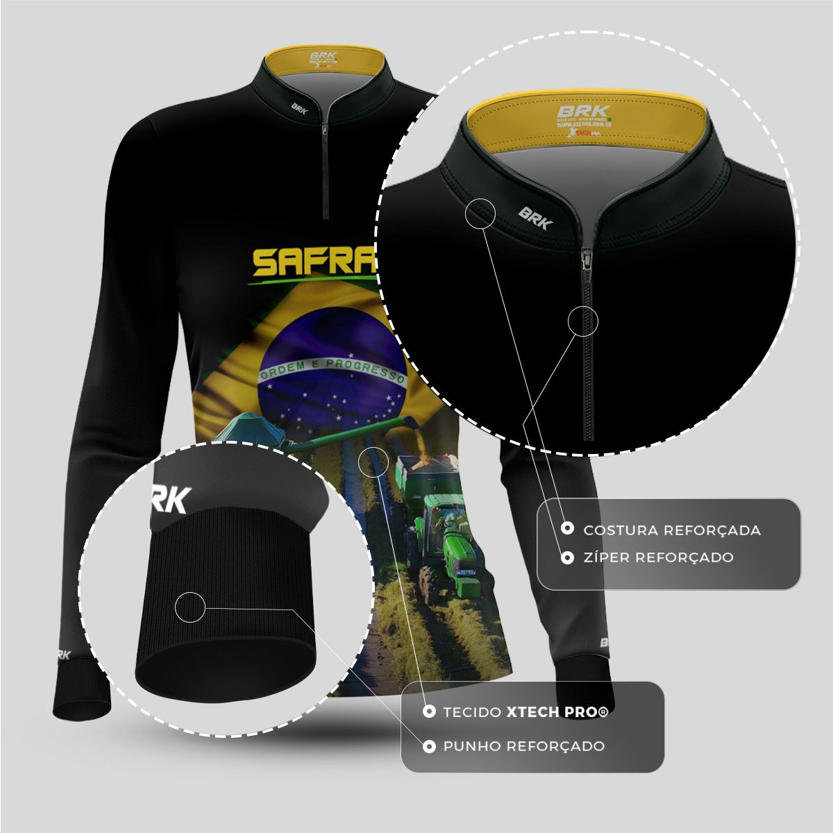 Camisa Agro Feminina Brk Safra Colheitadeira Brasil Preta com Proteção Solar UV50+ - Brk Agro