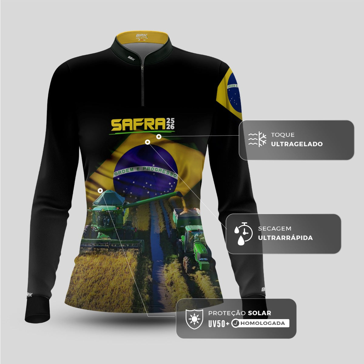 Camisa Agro Feminina Brk Safra Colheitadeira Brasil Preta com Proteção Solar UV50+ - Brk Agro