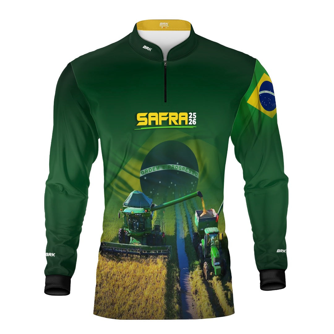 Camisa Agro Brk Safra Colheitadeira Brasil Verde com Proteção Solar UV50+ - Brk Agro