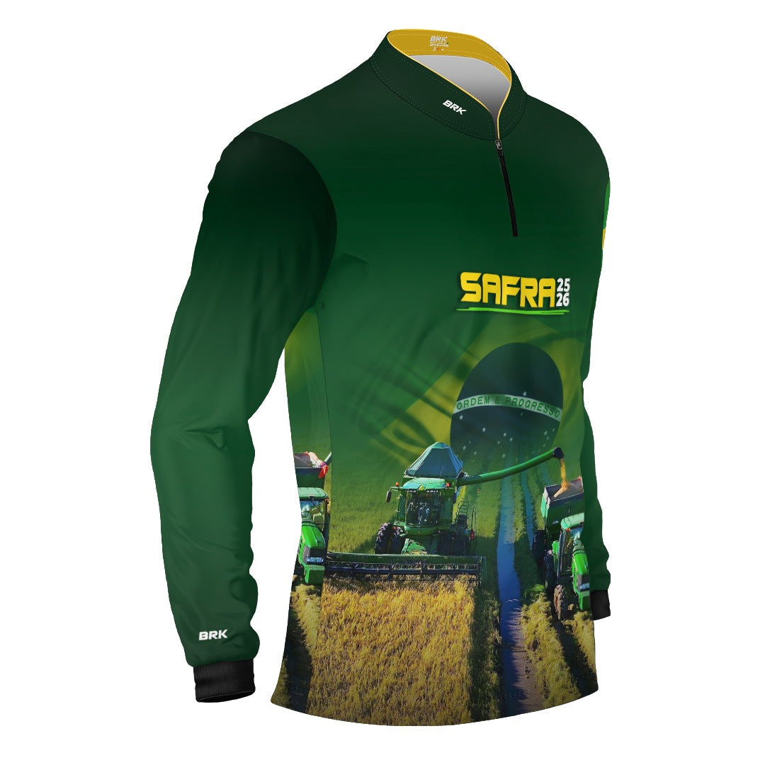 Camisa Agro Brk Safra Colheitadeira Brasil Verde com Proteção Solar UV50+ - Brk Agro