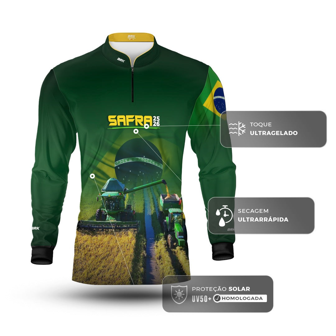 Camisa Agro Brk Safra Colheitadeira Brasil Verde com Proteção Solar UV50+ - Brk Agro
