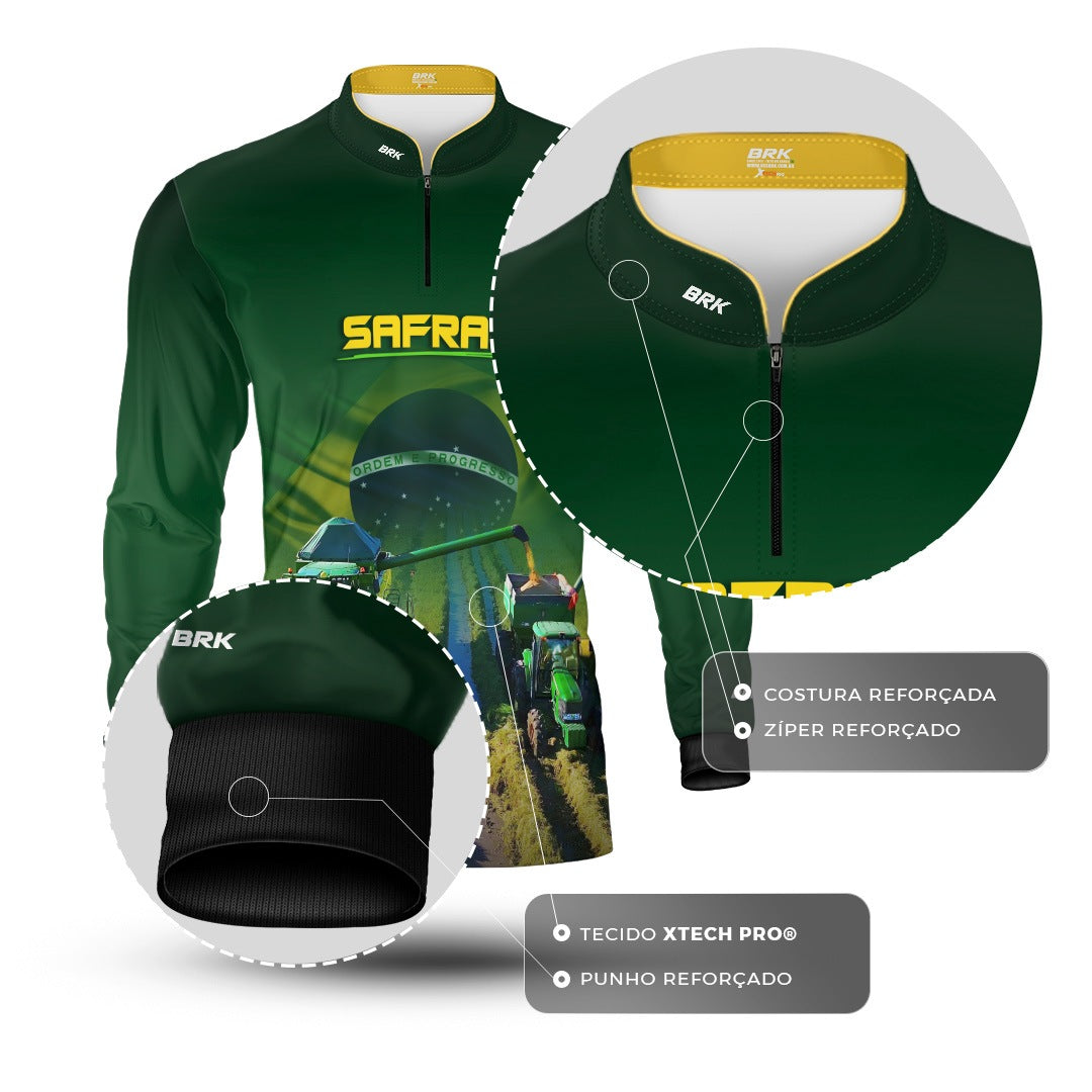 Camisa Agro Brk Safra Colheitadeira Brasil Verde com Proteção Solar UV50+ - Brk Agro