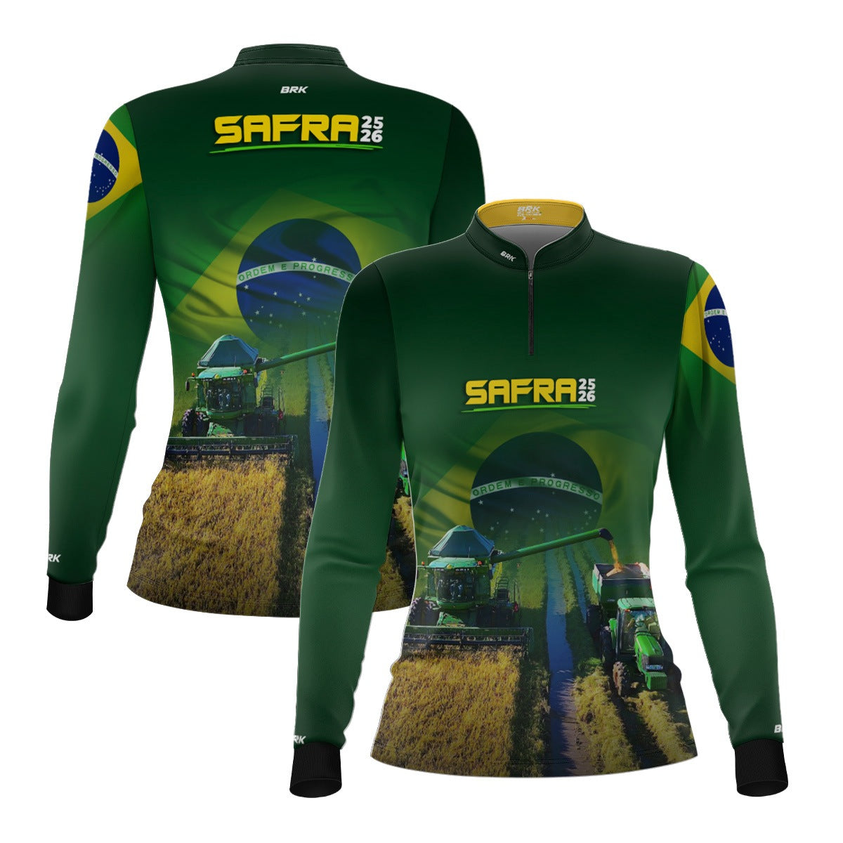Camisa Agro Feminina Brk Safra Colheitadeira Brasil Verde com Proteção Solar UV50+ - Brk Agro