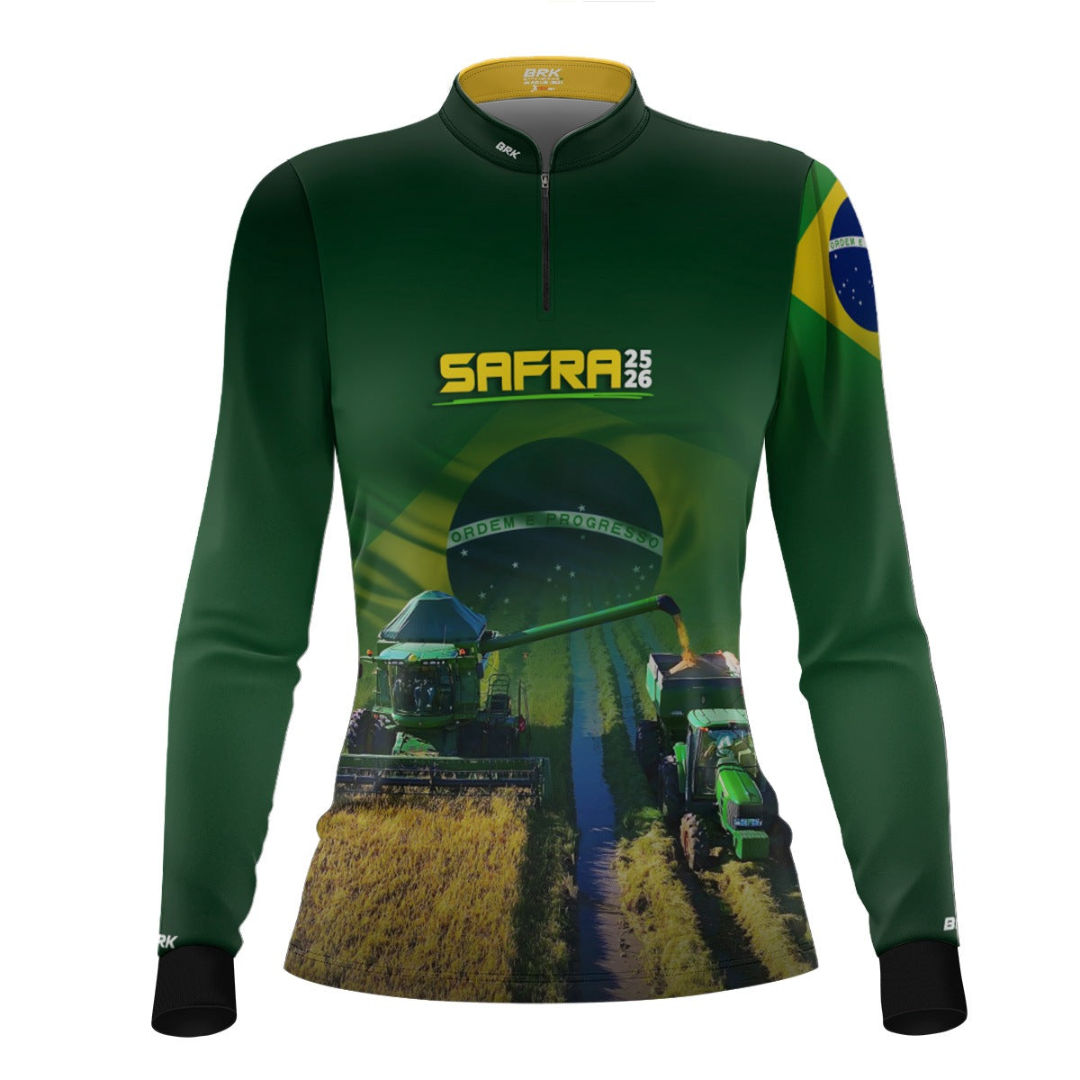 Camisa Agro Feminina Brk Safra Colheitadeira Brasil Verde com Proteção Solar UV50+ - Brk Agro