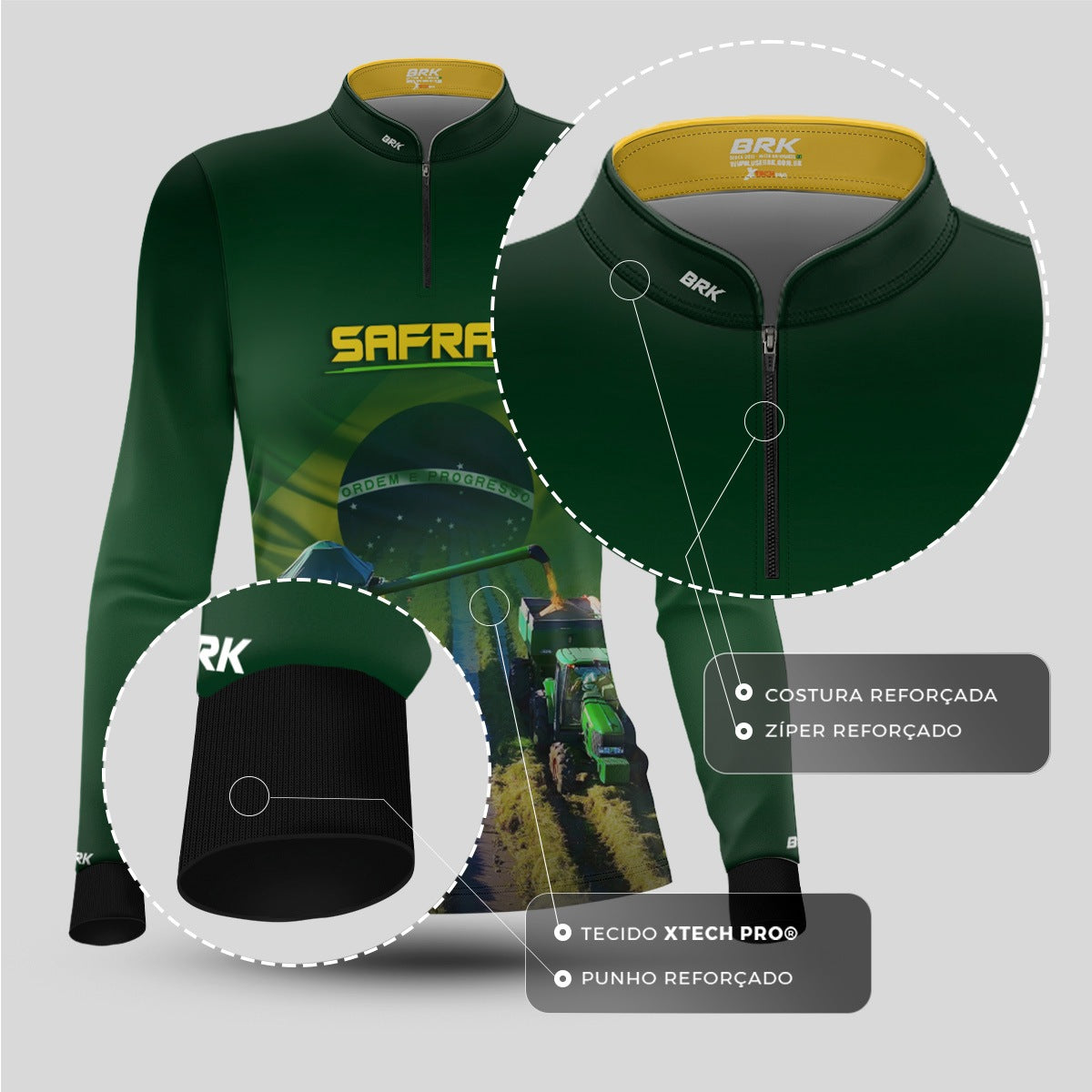 Camisa Agro Feminina Brk Safra Colheitadeira Brasil Verde com Proteção Solar UV50+ - Brk Agro