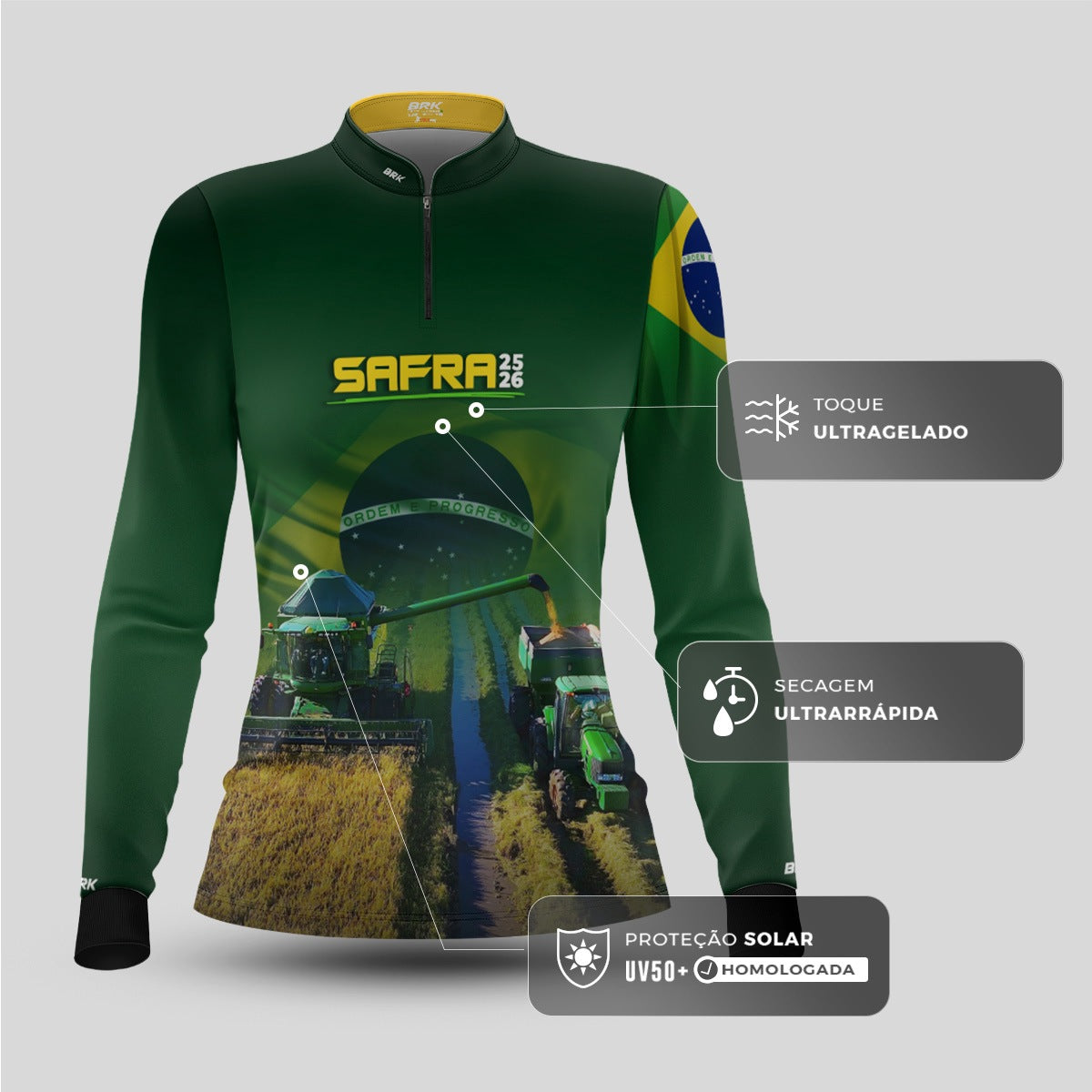 Camisa Agro Feminina Brk Safra Colheitadeira Brasil Verde com Proteção Solar UV50+ - Brk Agro